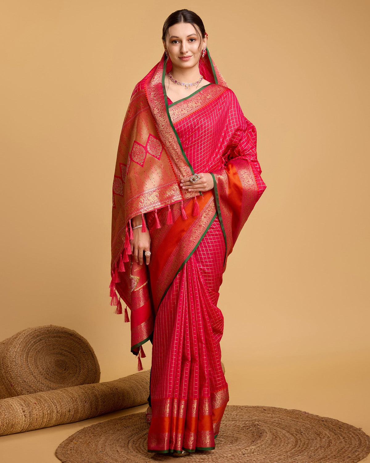 Vedant Vastram Soft Litchi Silk Banarasi Silk Saree - Pink | Grocsy