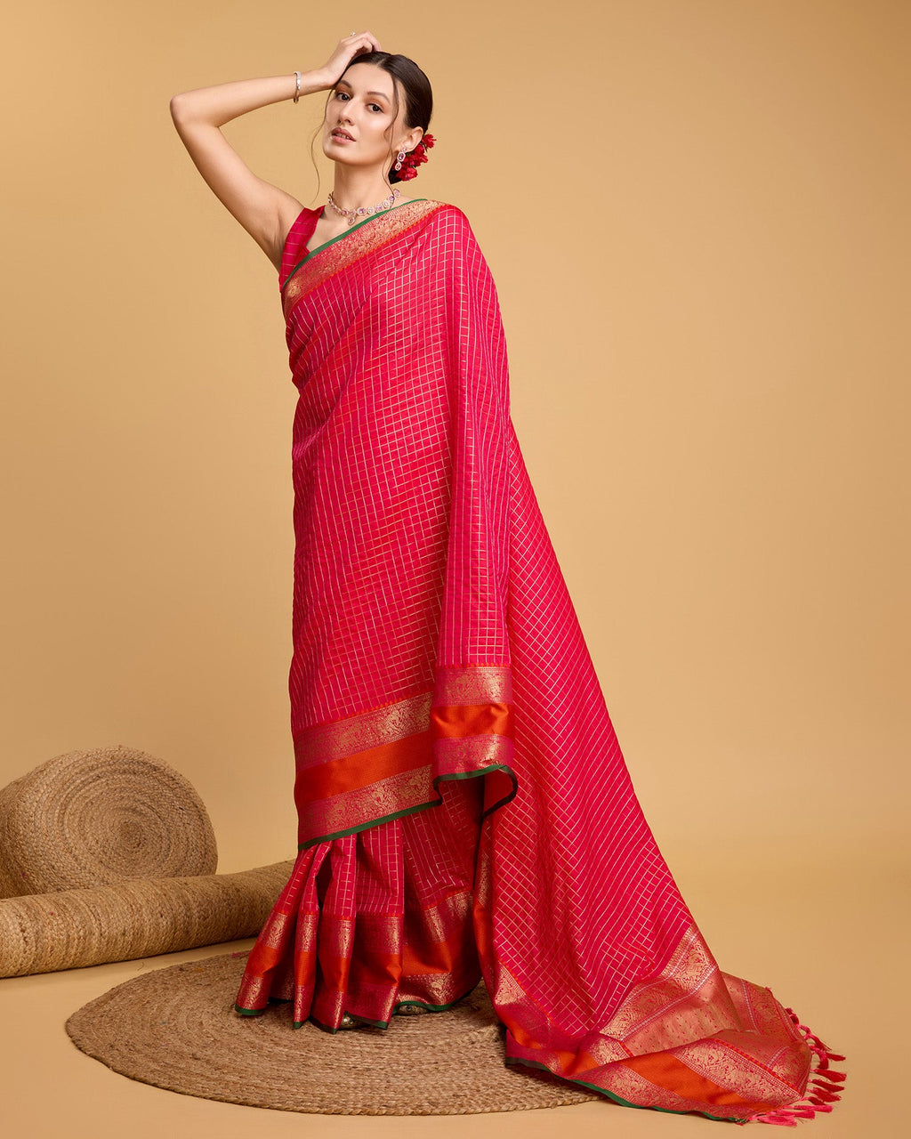 Vedant Vastram Soft Litchi Silk Banarasi Silk Saree - Pink | Grocsy
