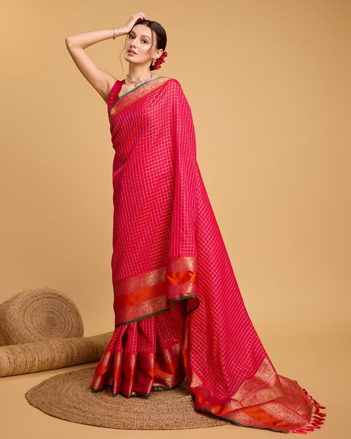 Vedant Vastram Soft Litchi Silk Banarasi Silk Saree - Pink | Grocsy