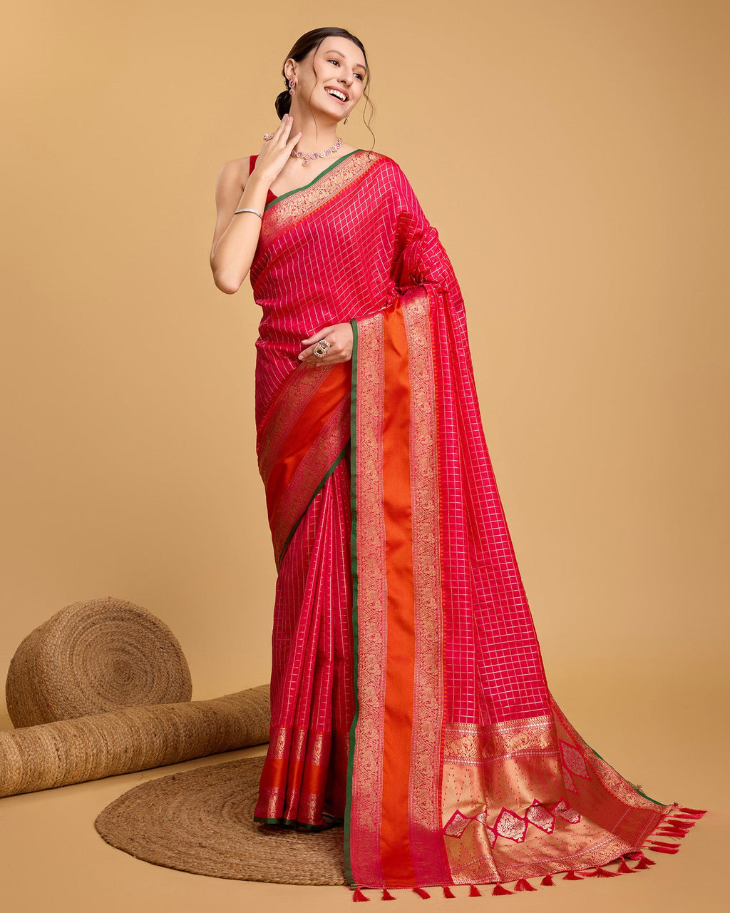 Vedant Vastram Soft Litchi Silk Banarasi Silk Saree - Pink | Grocsy