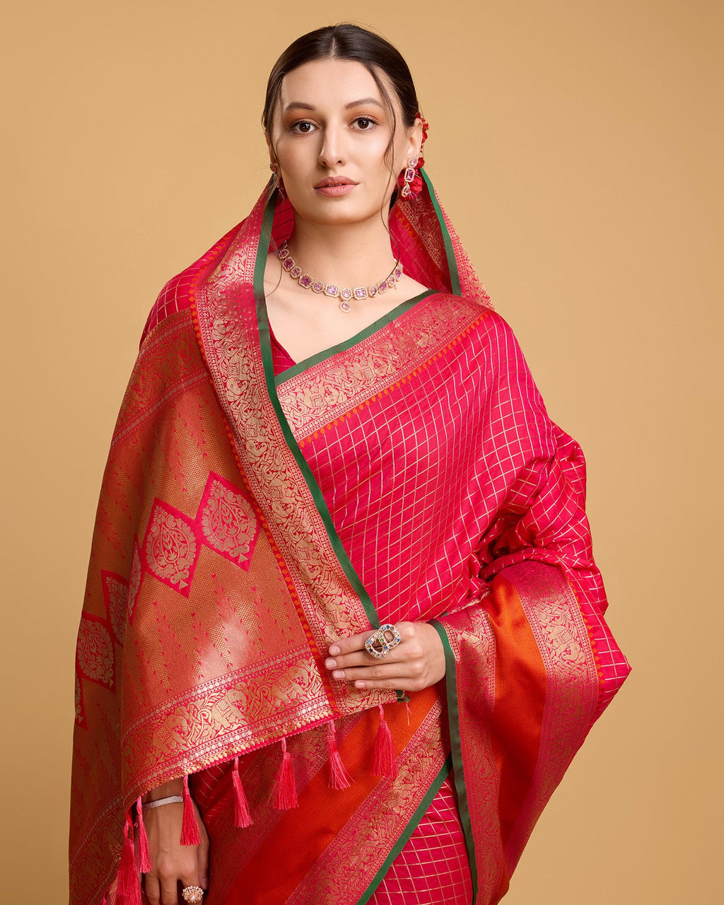 Vedant Vastram Soft Litchi Silk Banarasi Silk Saree - Pink | Grocsy