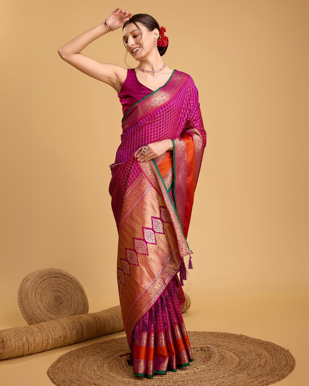 Vedant Vastram Soft Litchi Silk Banarasi Silk Saree - Rani | Grocsy