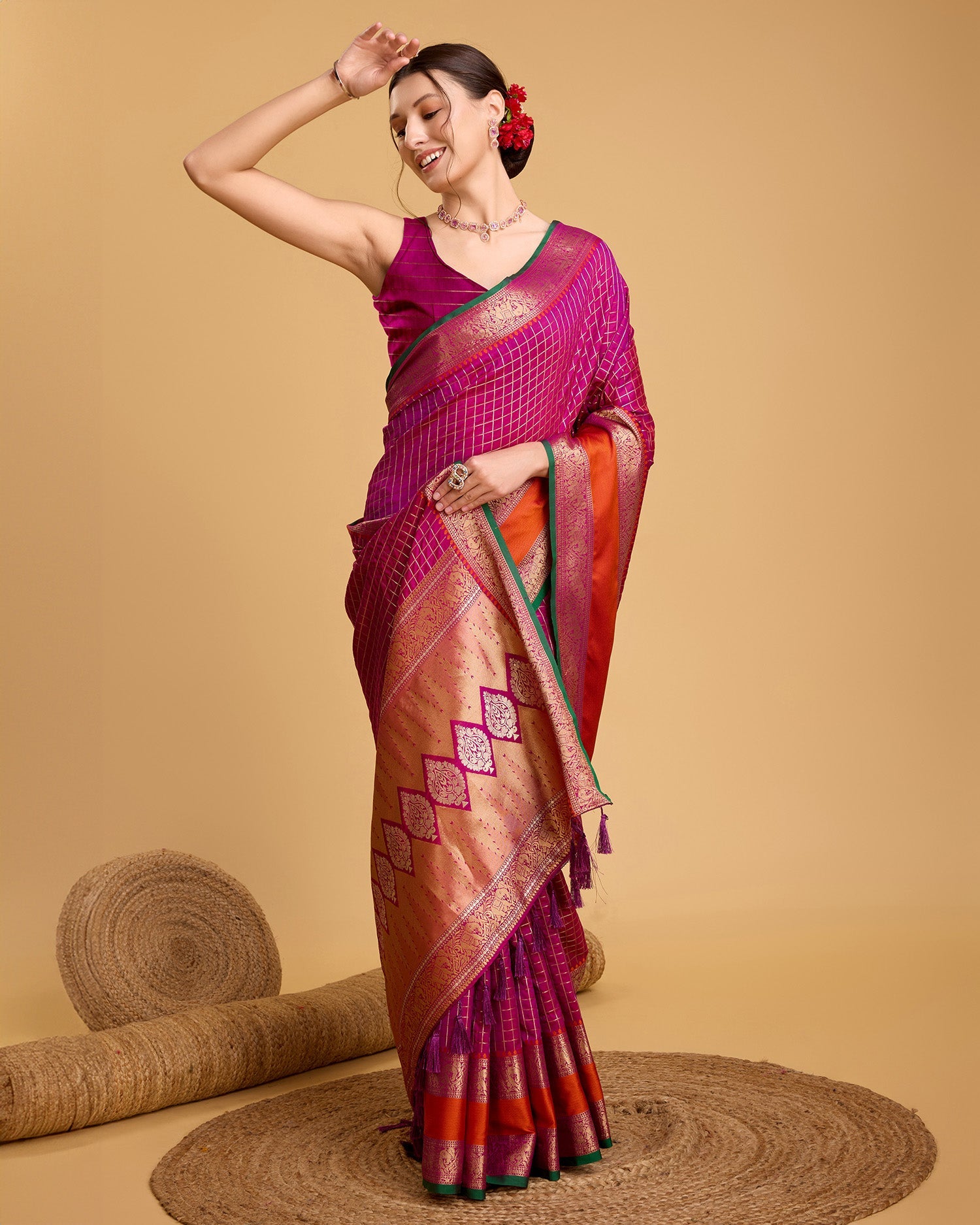 Vedant Vastram Soft Litchi Silk Banarasi Silk Saree - Rani | Grocsy