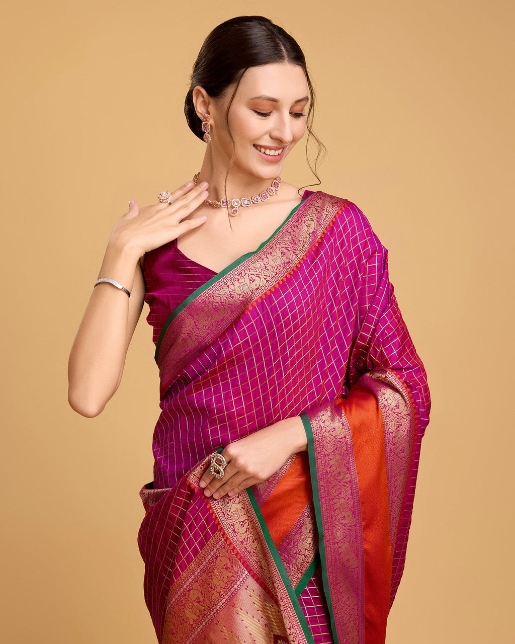 Vedant Vastram Soft Litchi Silk Banarasi Silk Saree - Rani | Grocsy