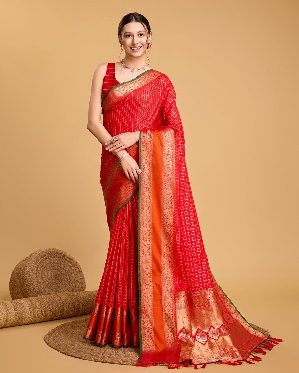 Vedant Vastram Soft Litchi Silk Banarasi Silk Saree - Red | Grocsy