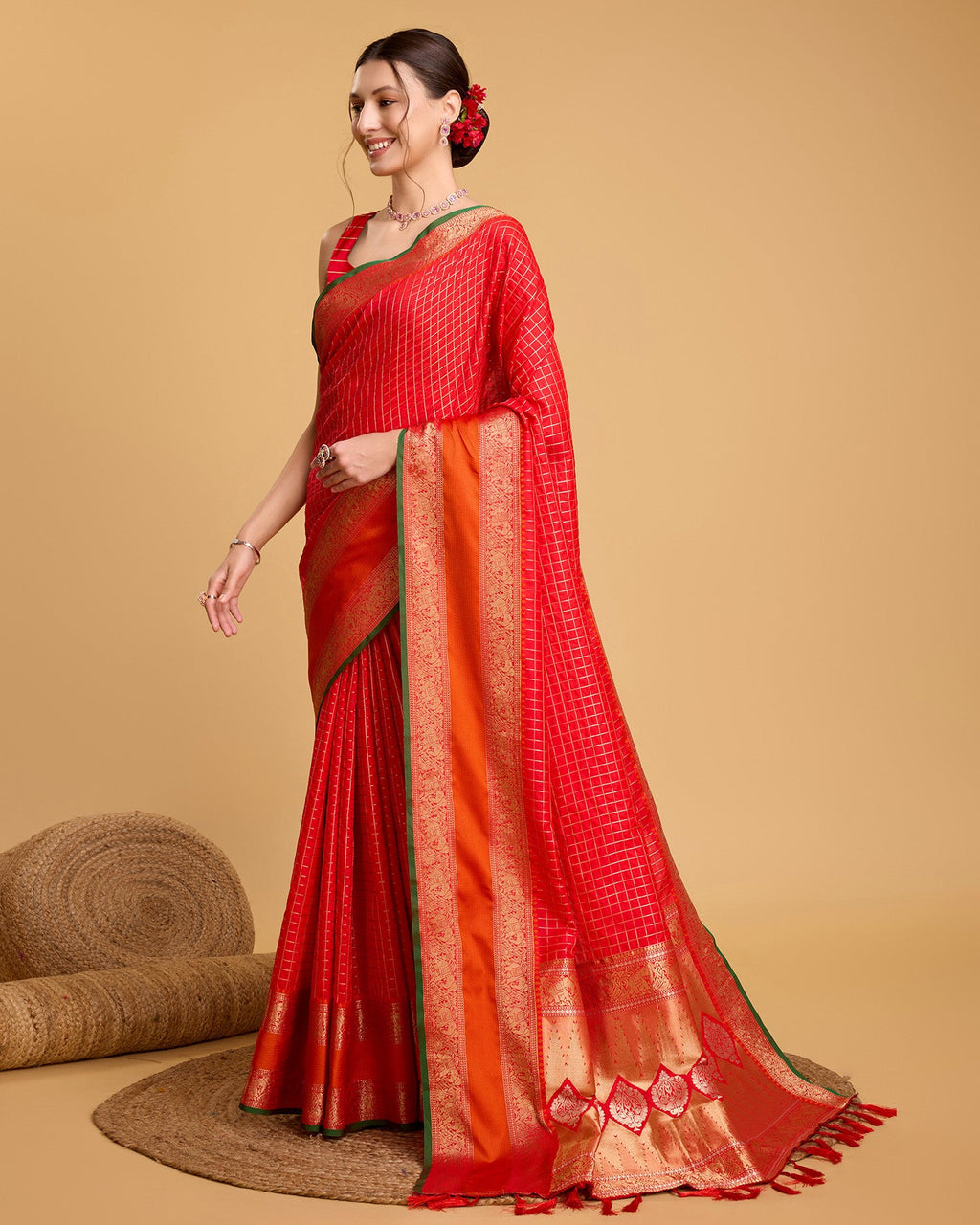 Vedant Vastram Soft Litchi Silk Banarasi Silk Saree - Red | Grocsy