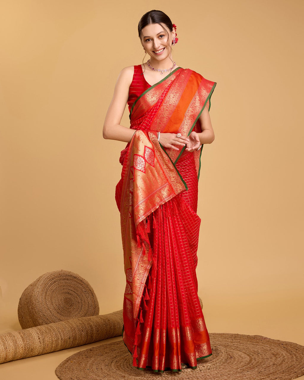 Vedant Vastram Soft Litchi Silk Banarasi Silk Saree - Red | Grocsy