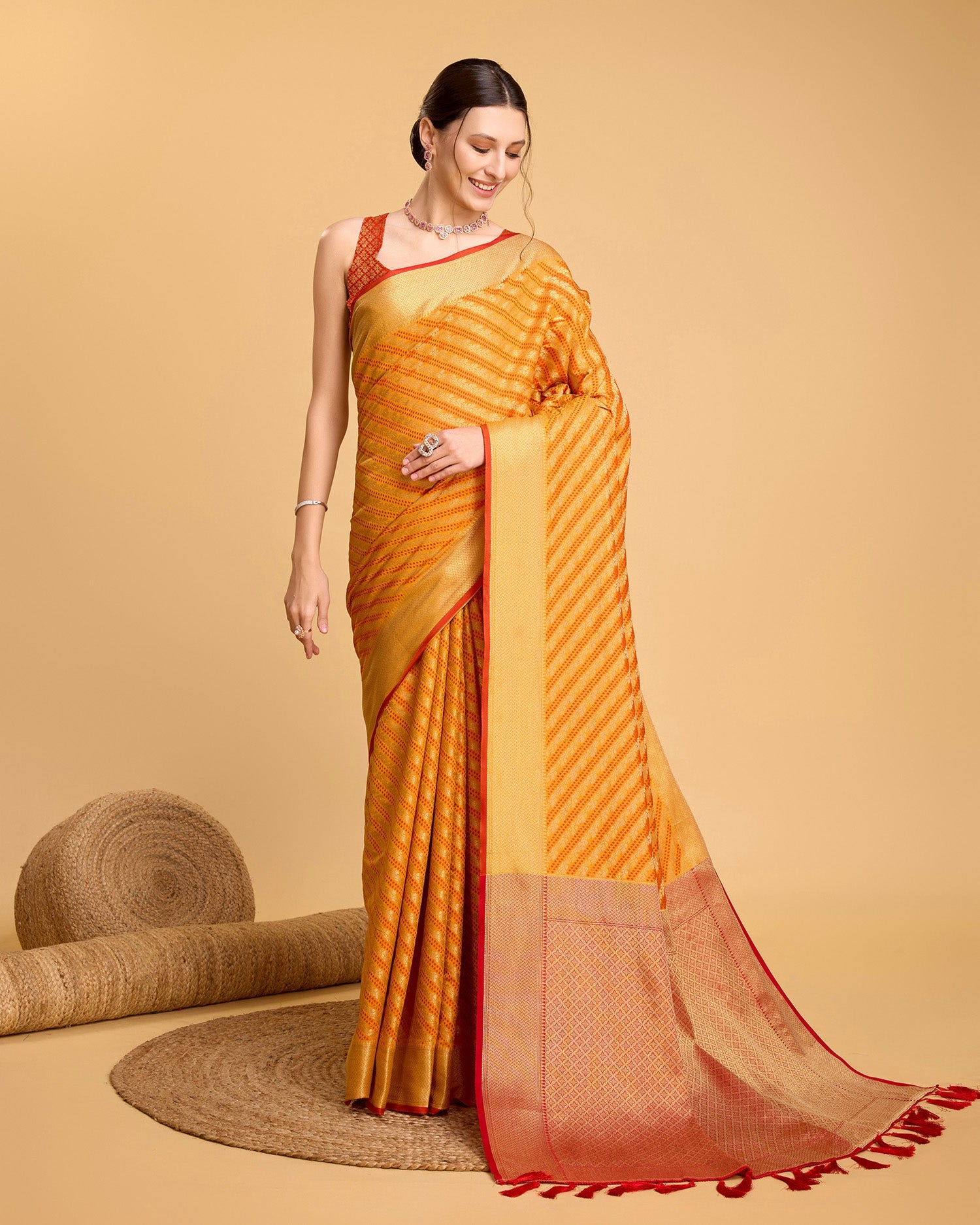 Vedant Vastram Soft Litchi Silk Kanjeevaram Silk Saree - Mustard | Grocsy