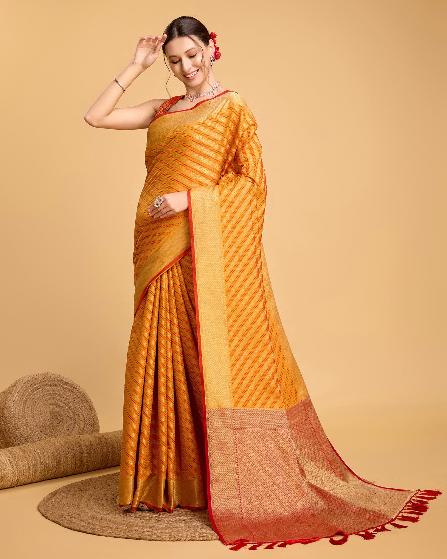Vedant Vastram Soft Litchi Silk Kanjeevaram Silk Saree - Mustard | Grocsy