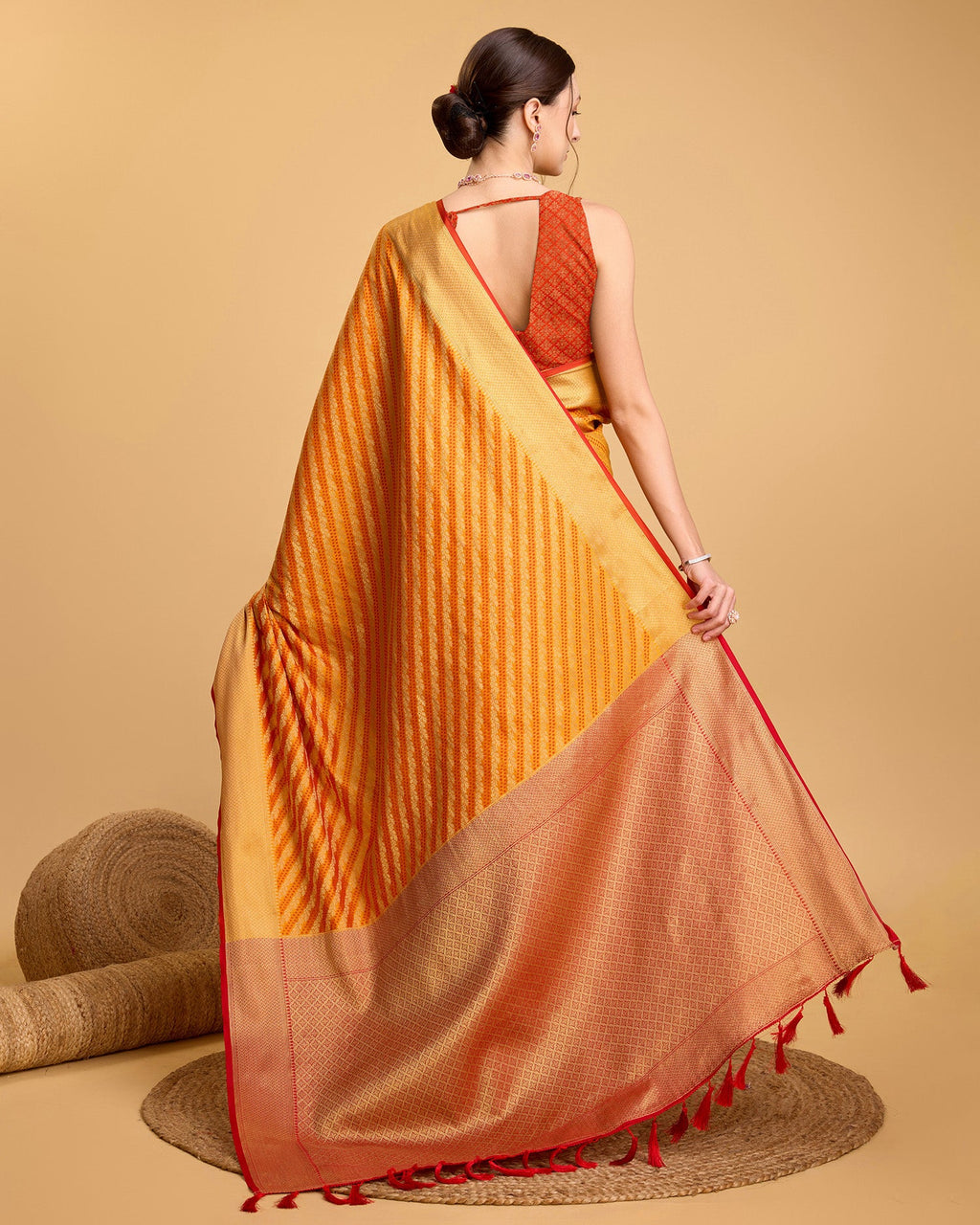 Vedant Vastram Soft Litchi Silk Kanjeevaram Silk Saree - Mustard | Grocsy