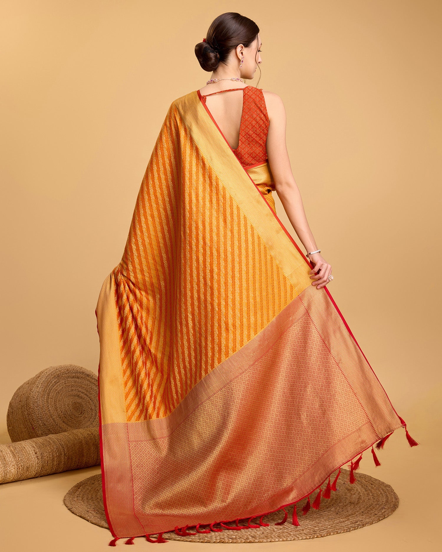 Vedant Vastram Soft Litchi Silk Kanjeevaram Silk Saree - Mustard | Grocsy