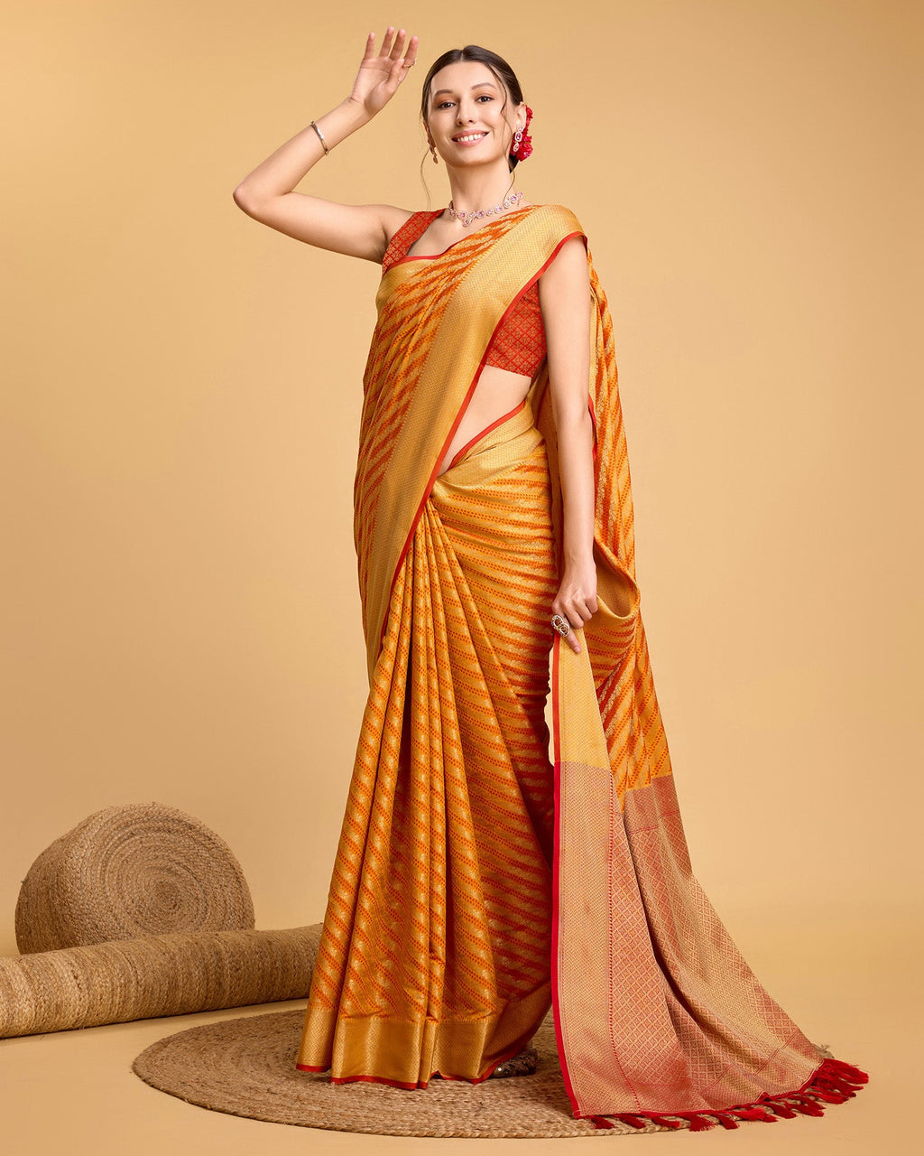 Vedant Vastram Soft Litchi Silk Kanjeevaram Silk Saree - Mustard | Grocsy