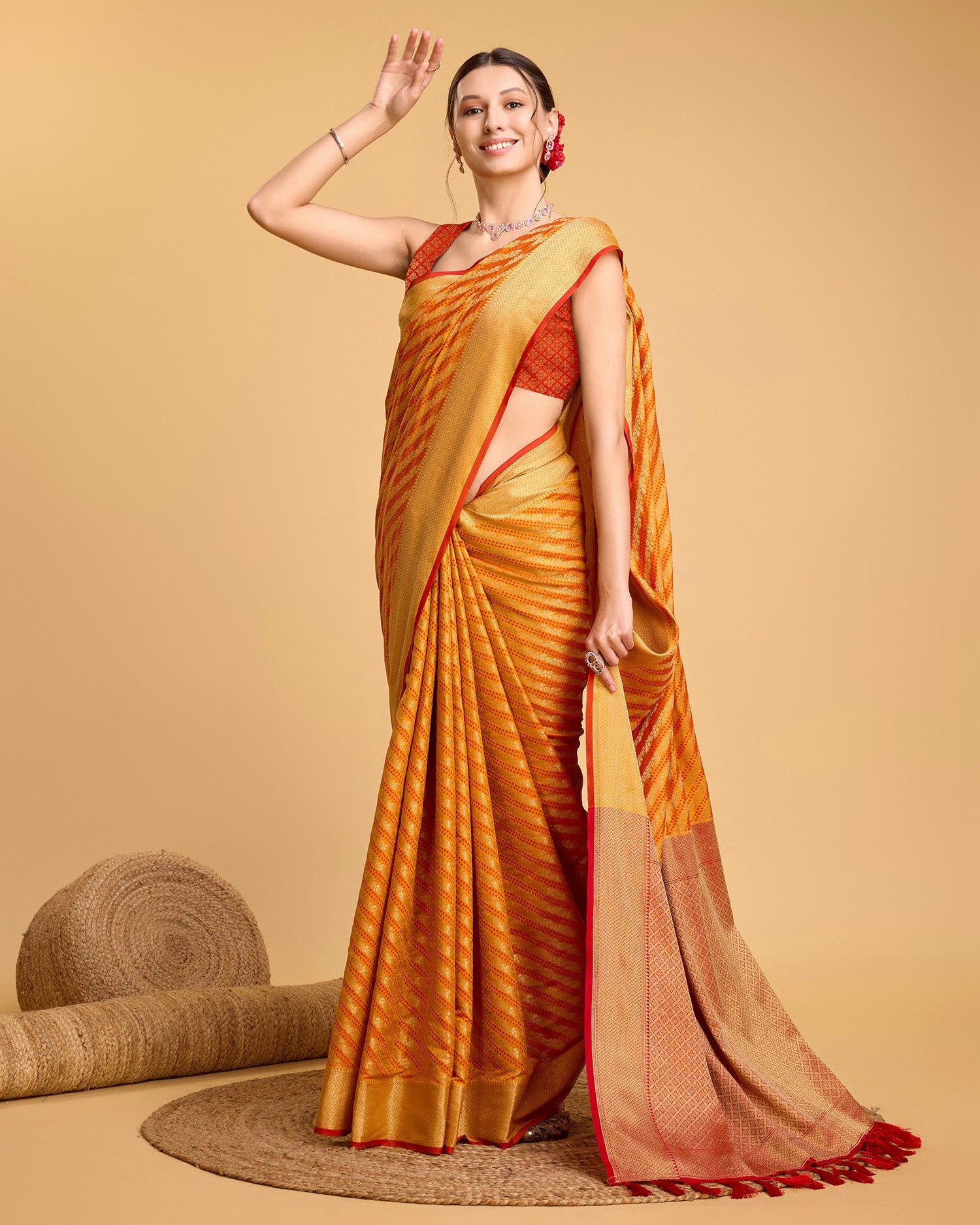 Vedant Vastram Soft Litchi Silk Kanjeevaram Silk Saree - Mustard | Grocsy