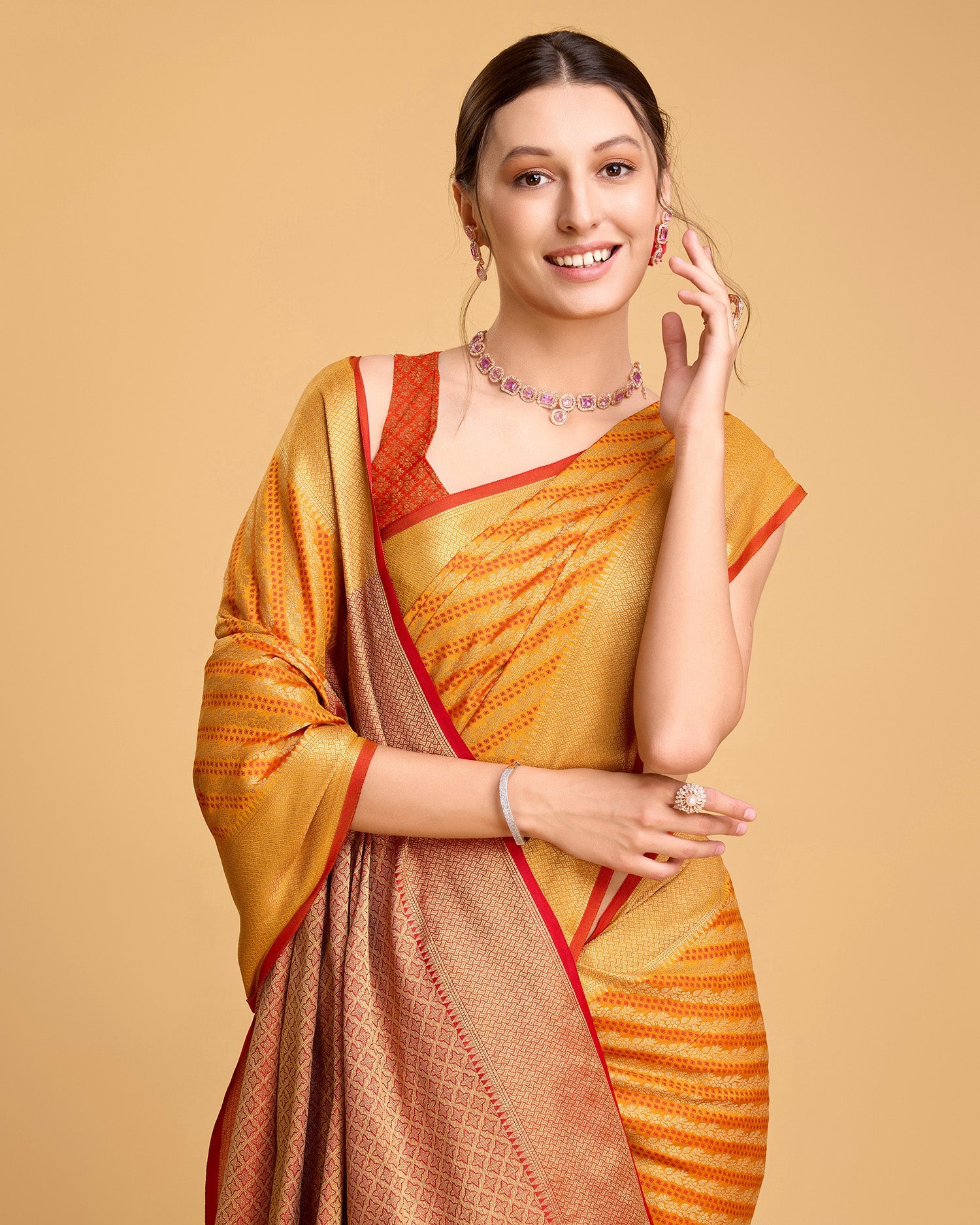 Vedant Vastram Soft Litchi Silk Kanjeevaram Silk Saree - Mustard | Grocsy