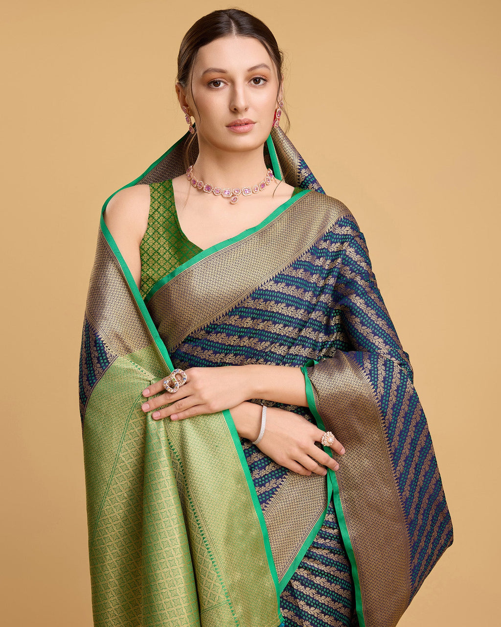 Vedant Vastram Soft Litchi Silk Kanjeevaram Silk Saree - Navy | Grocsy