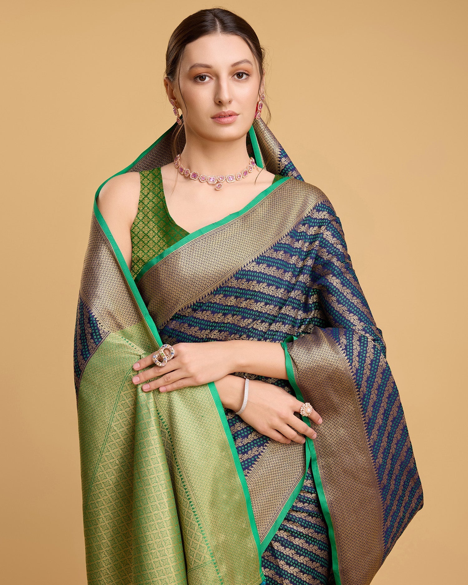 Vedant Vastram Soft Litchi Silk Kanjeevaram Silk Saree - Navy | Grocsy