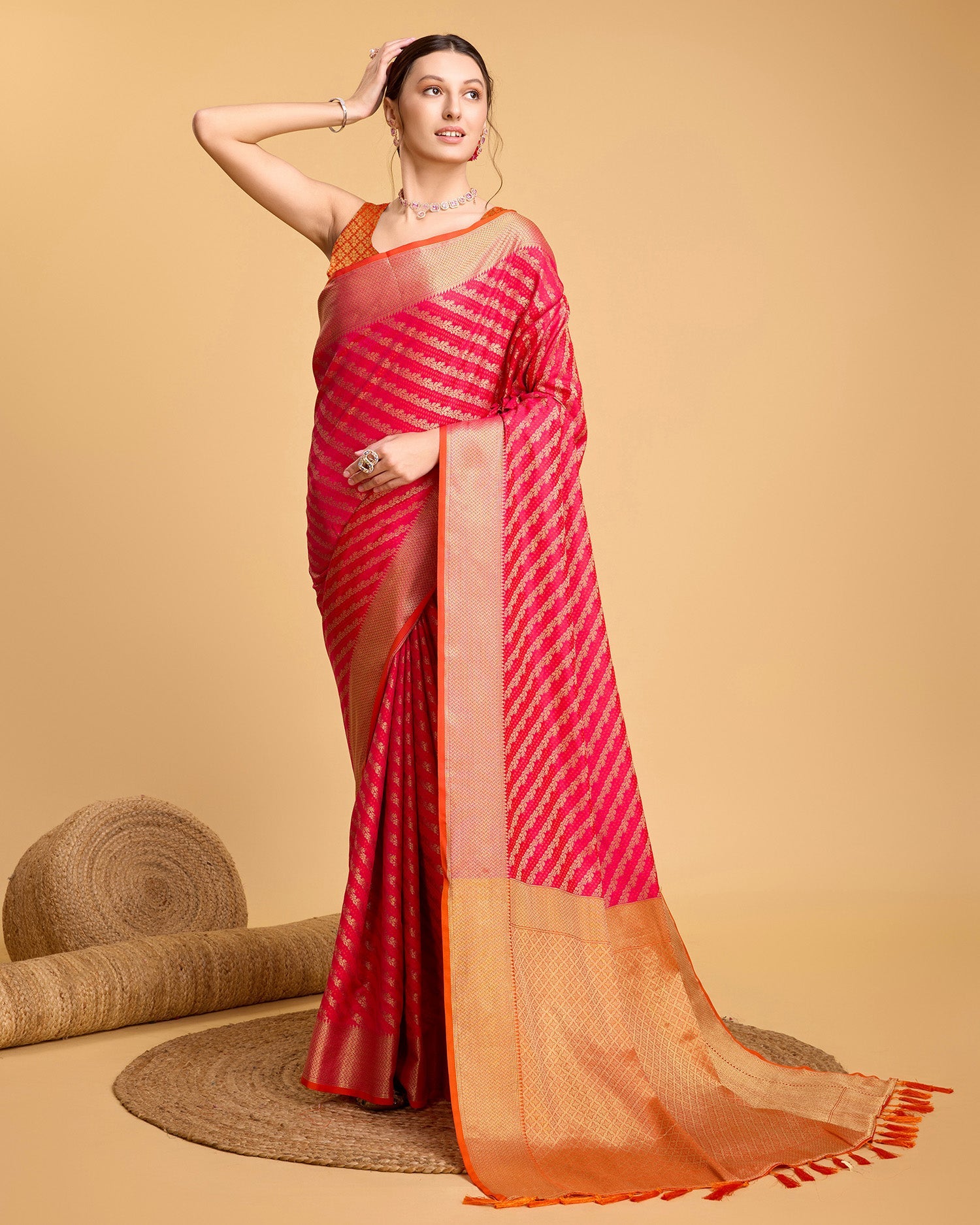 Vedant Vastram Soft Litchi Silk Kanjeevaram Silk Saree - Pink | Grocsy