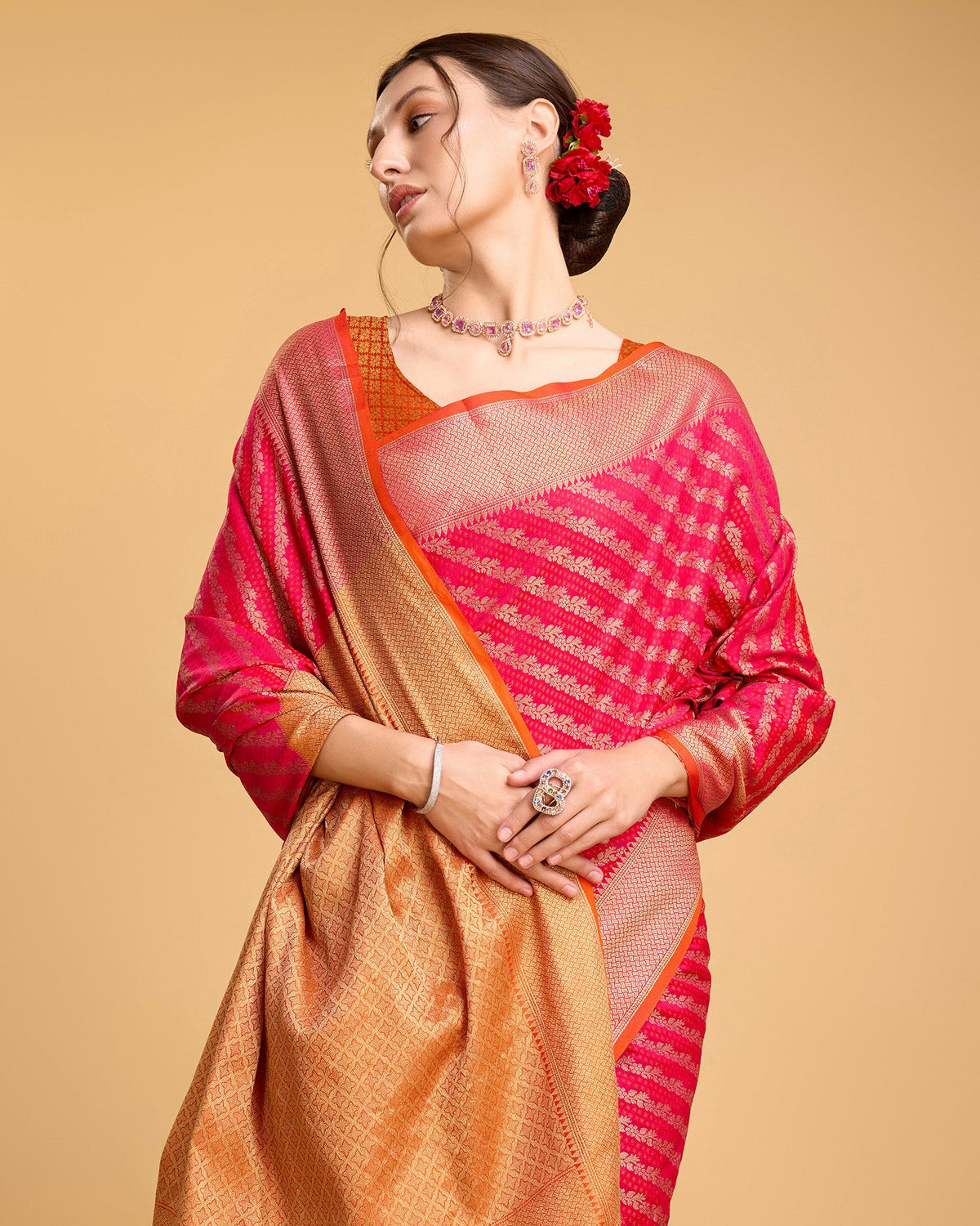 Vedant Vastram Soft Litchi Silk Kanjeevaram Silk Saree - Pink | Grocsy