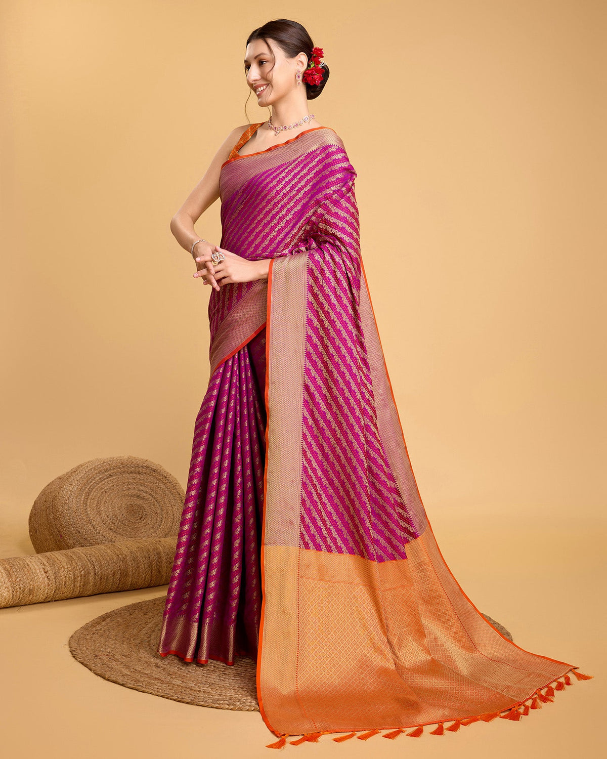Vedant Vastram Soft Litchi Silk Kanjeevaram Silk Saree - Purple | Grocsy