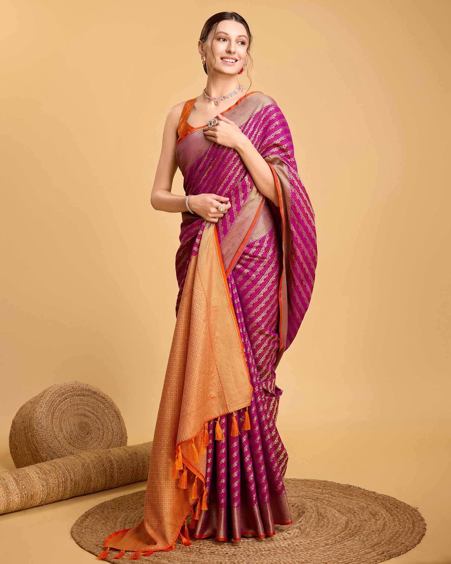 Vedant Vastram Soft Litchi Silk Kanjeevaram Silk Saree - Purple | Grocsy