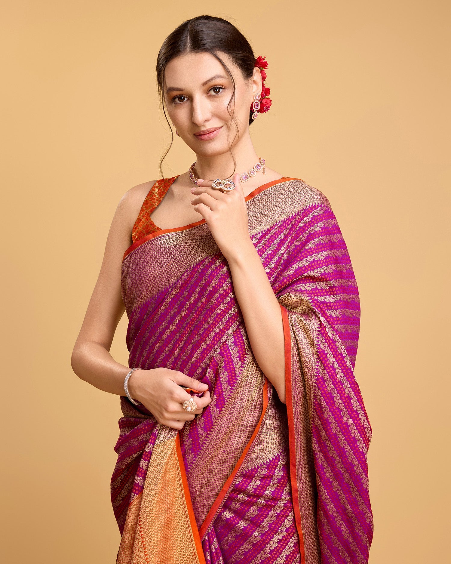 Vedant Vastram Soft Litchi Silk Kanjeevaram Silk Saree - Purple | Grocsy