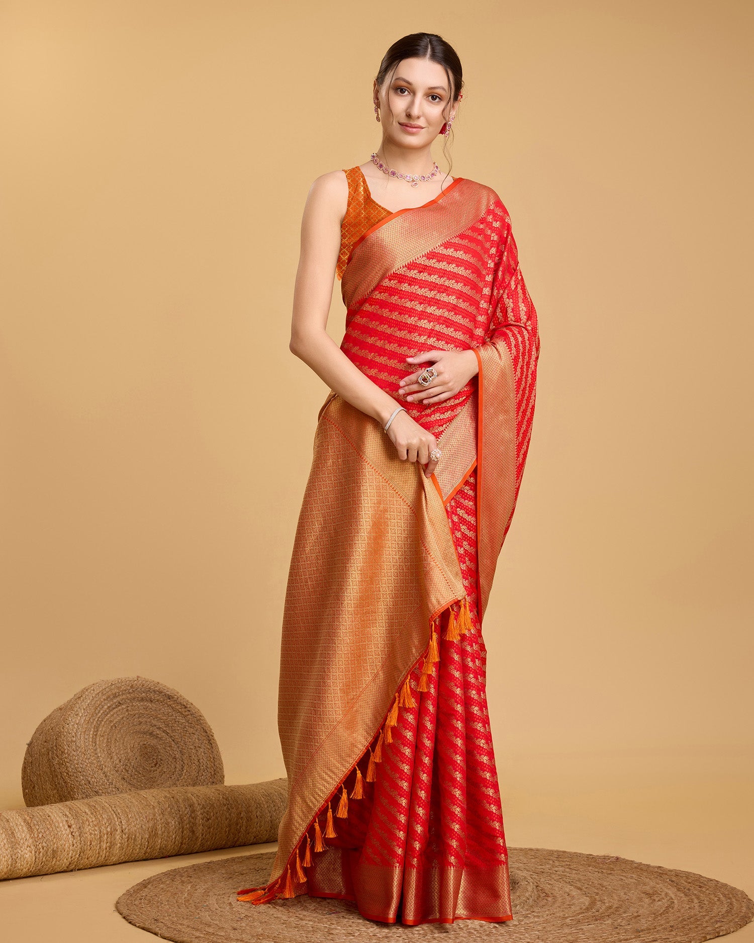 Vedant Vastram Soft Litchi Silk Kanjeevaram Silk Saree - Red | Grocsy