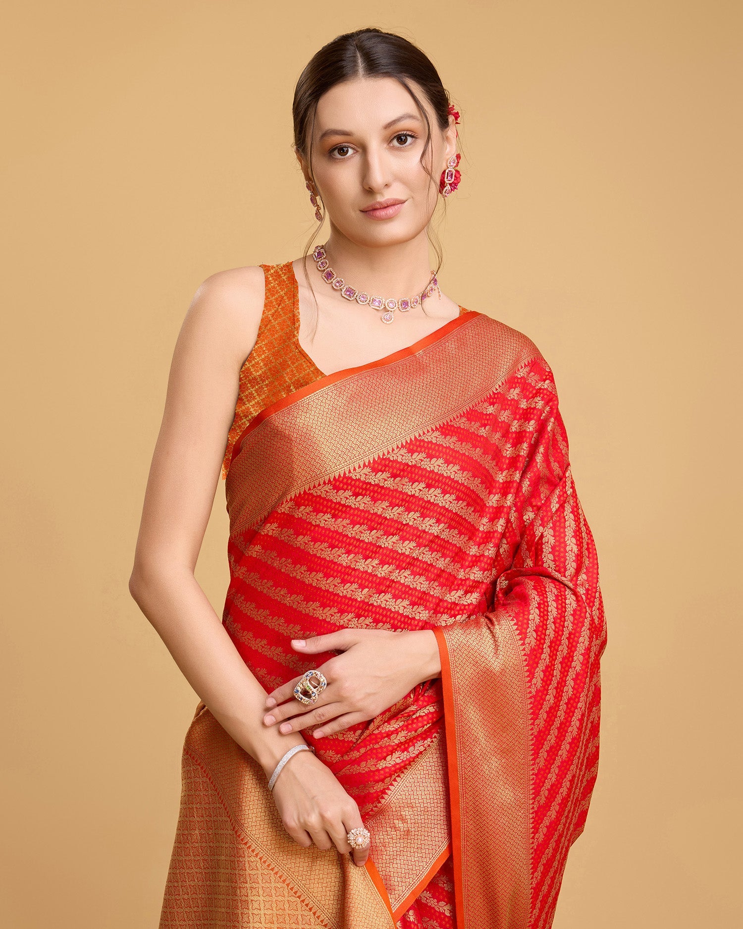 Vedant Vastram Soft Litchi Silk Kanjeevaram Silk Saree - Red | Grocsy