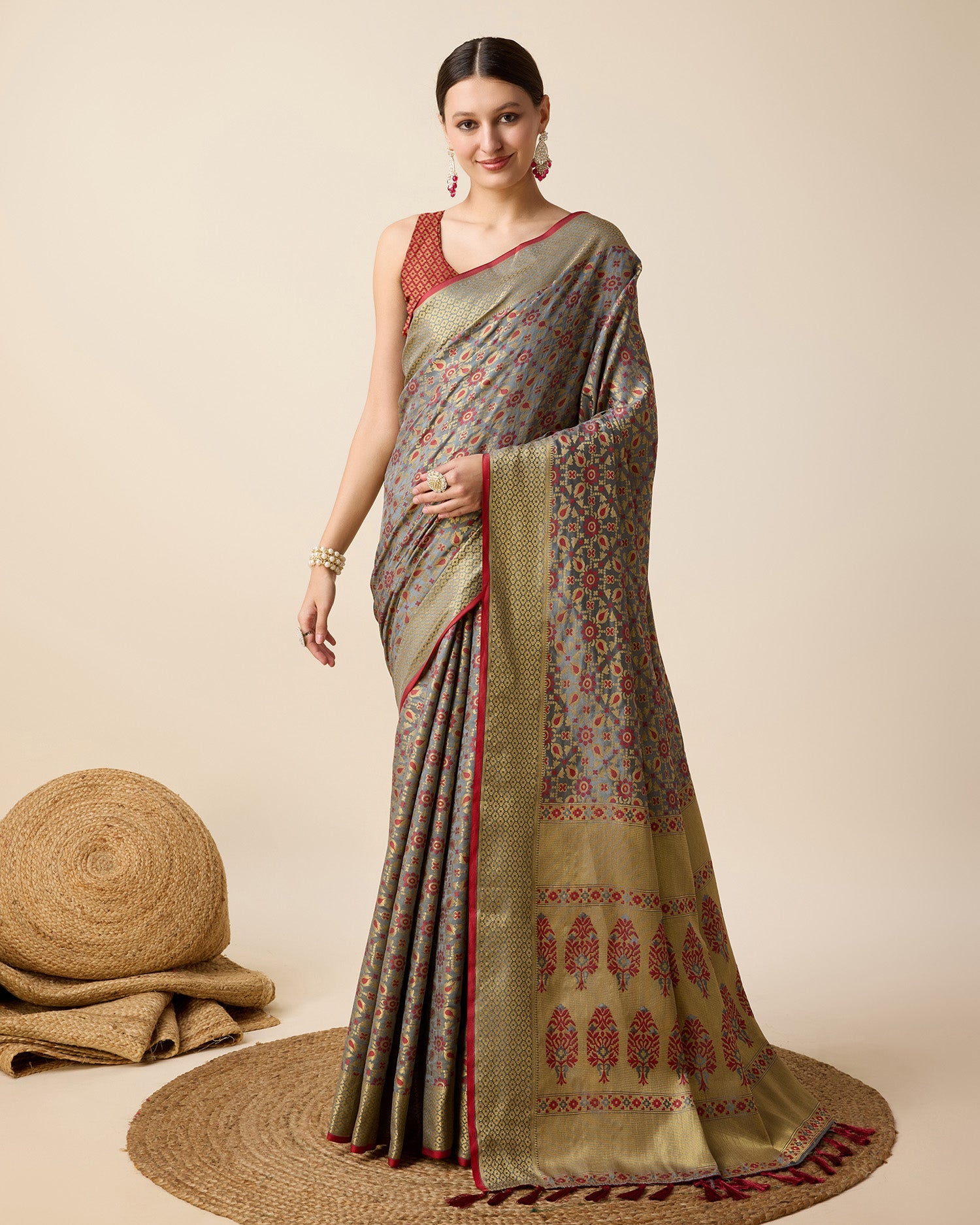 Vedant Vastram Soft Litchi Silk Kanjeevaram Silk Saree - Maroon | Grocsy