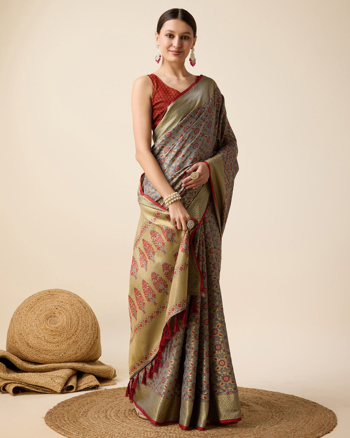 Vedant Vastram Soft Litchi Silk Kanjeevaram Silk Saree - Maroon | Grocsy