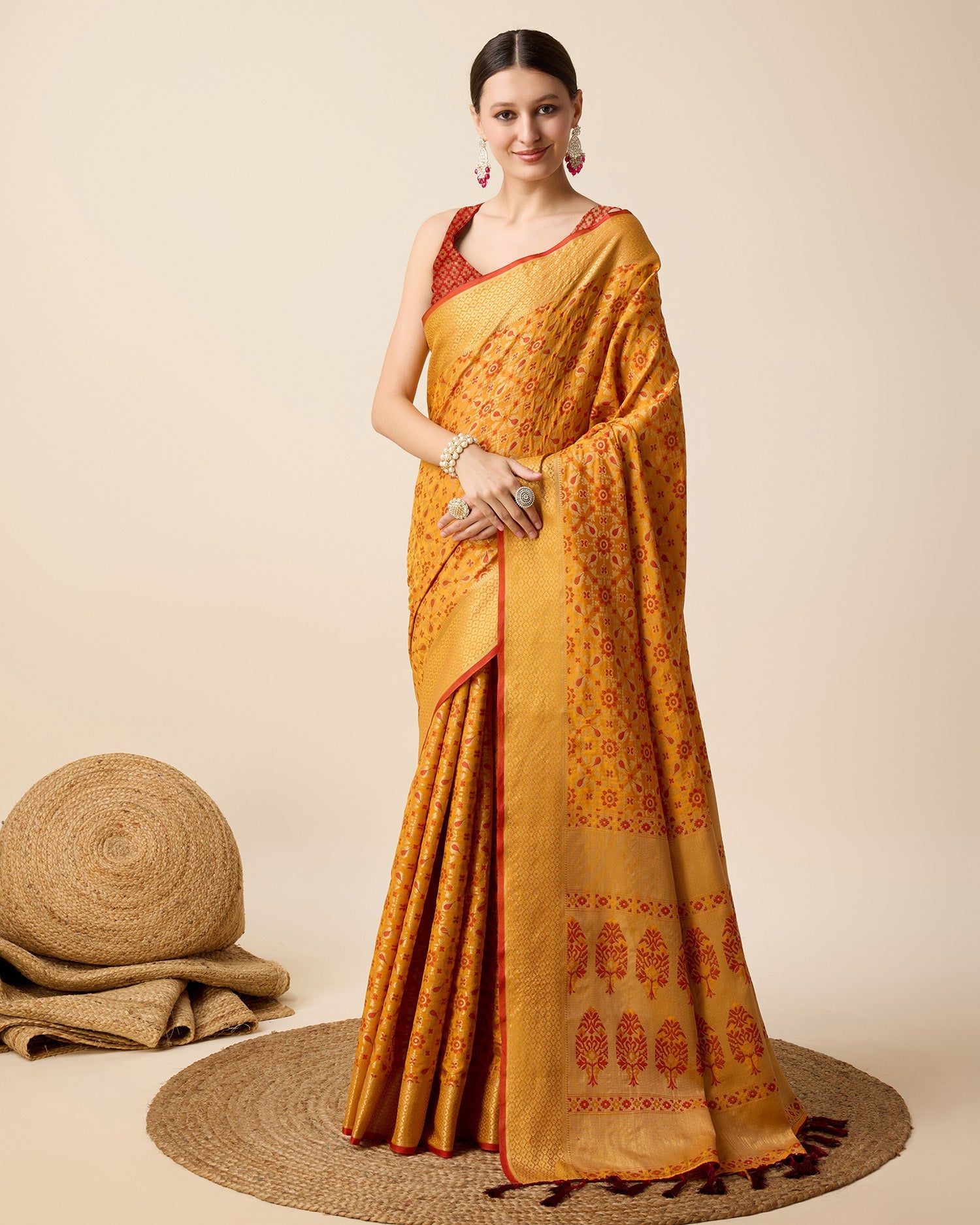 Vedant Vastram Soft Litchi Silk Kanjeevaram Silk Saree - Mustard | Grocsy
