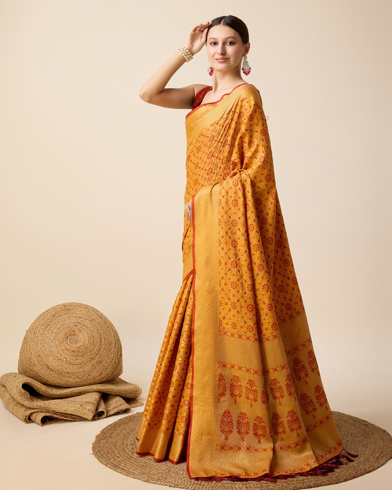 Vedant Vastram Soft Litchi Silk Kanjeevaram Silk Saree - Mustard | Grocsy
