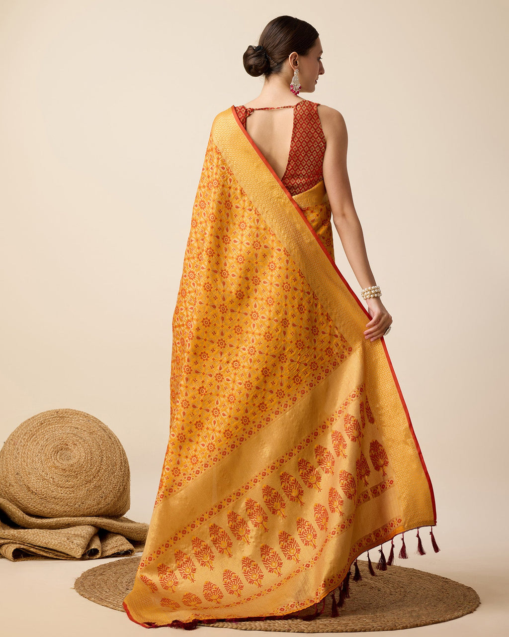 Vedant Vastram Soft Litchi Silk Kanjeevaram Silk Saree - Mustard | Grocsy