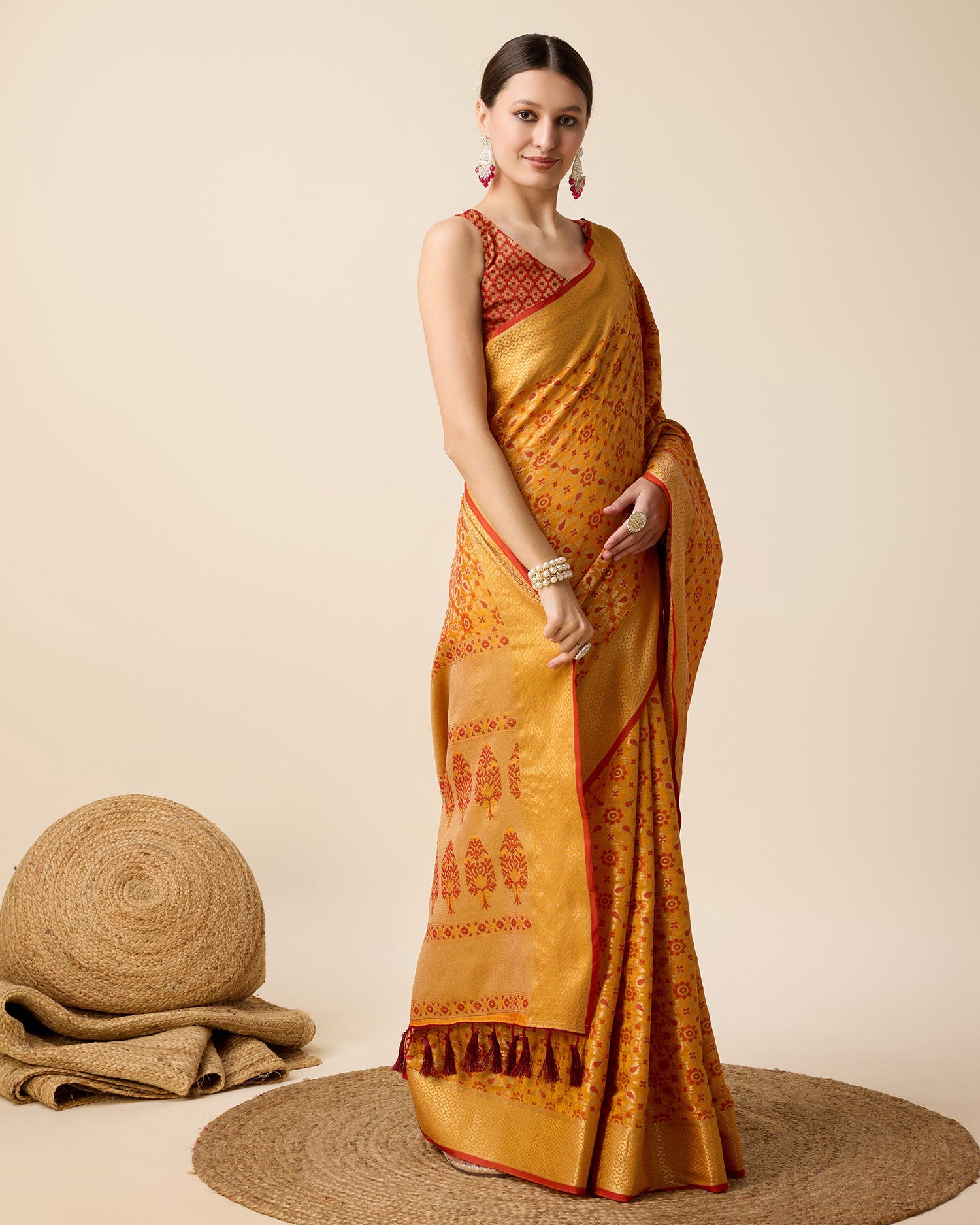 Vedant Vastram Soft Litchi Silk Kanjeevaram Silk Saree - Mustard | Grocsy