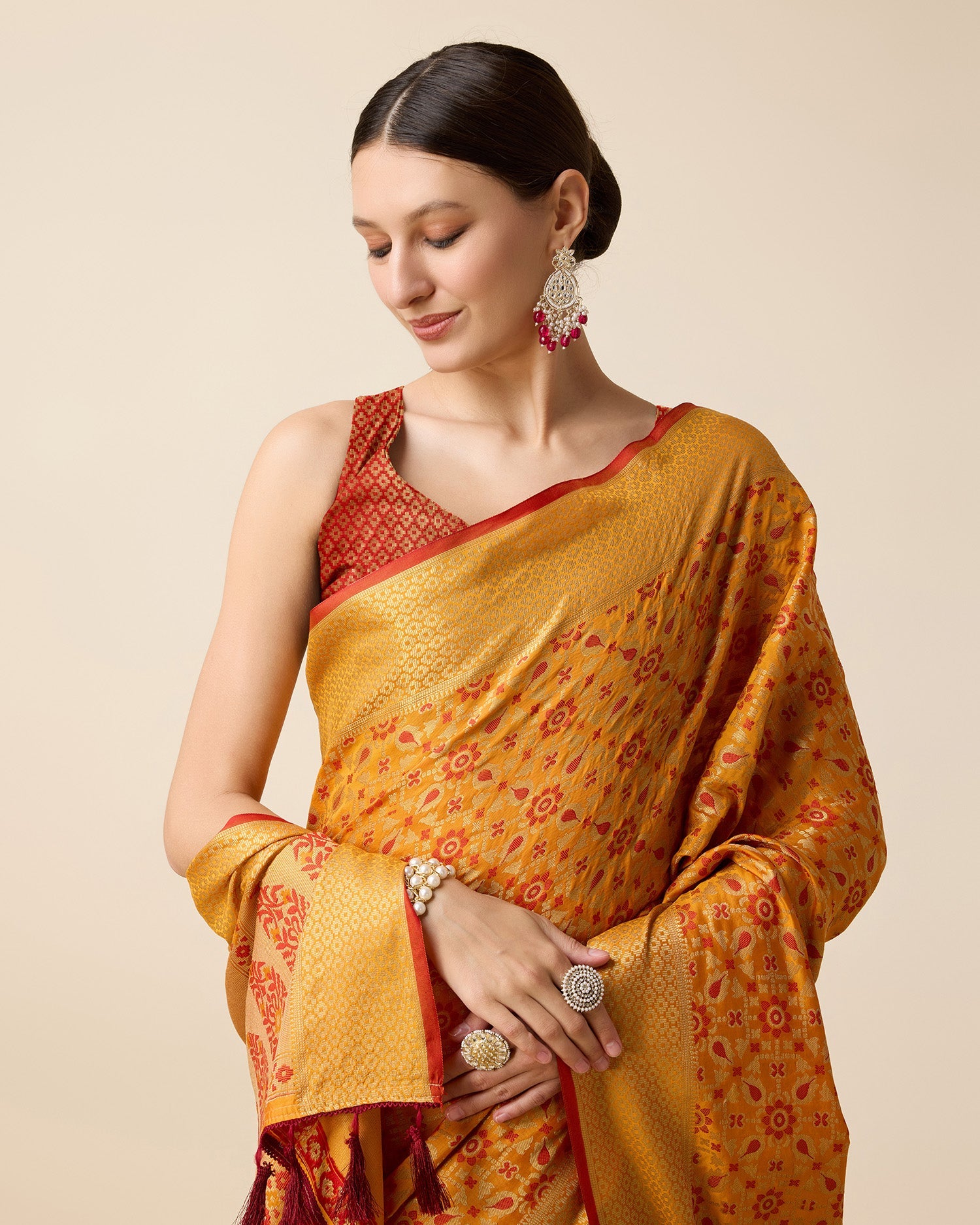 Vedant Vastram Soft Litchi Silk Kanjeevaram Silk Saree - Mustard | Grocsy
