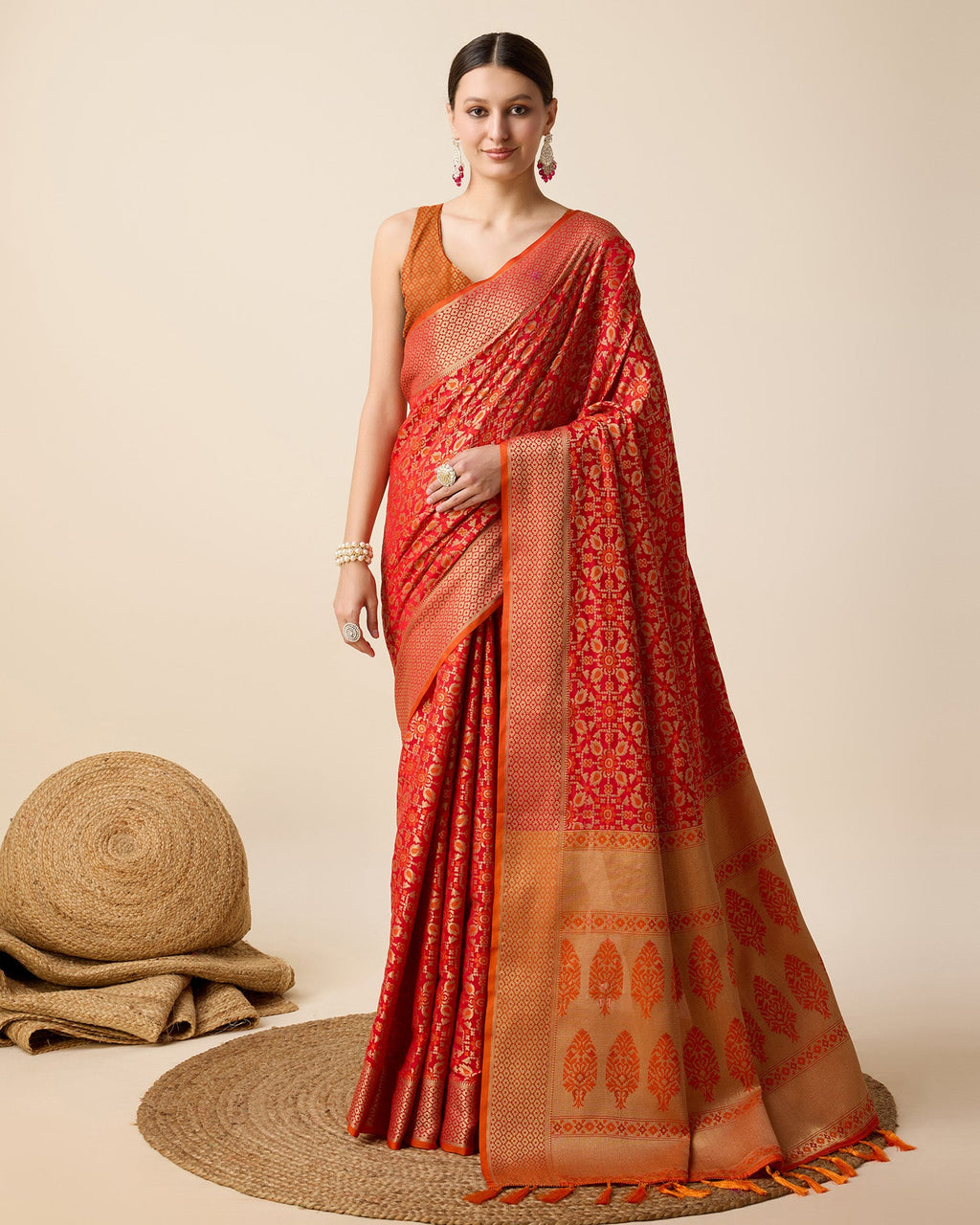 Vedant Vastram Soft Litchi Silk Kanjeevaram Silk Saree - Orange | Grocsy