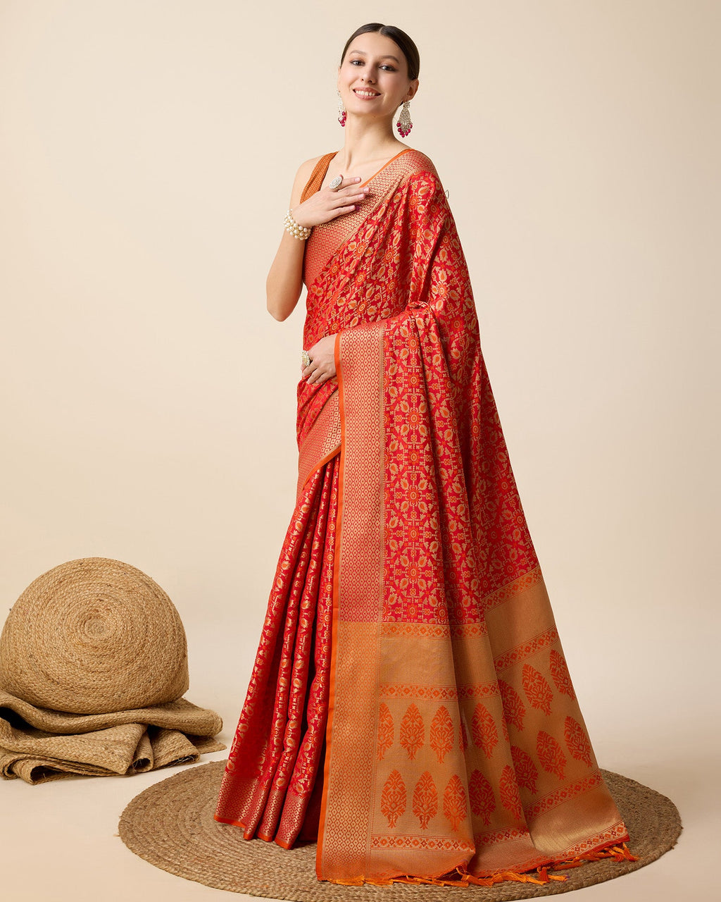 Vedant Vastram Soft Litchi Silk Kanjeevaram Silk Saree - Orange | Grocsy