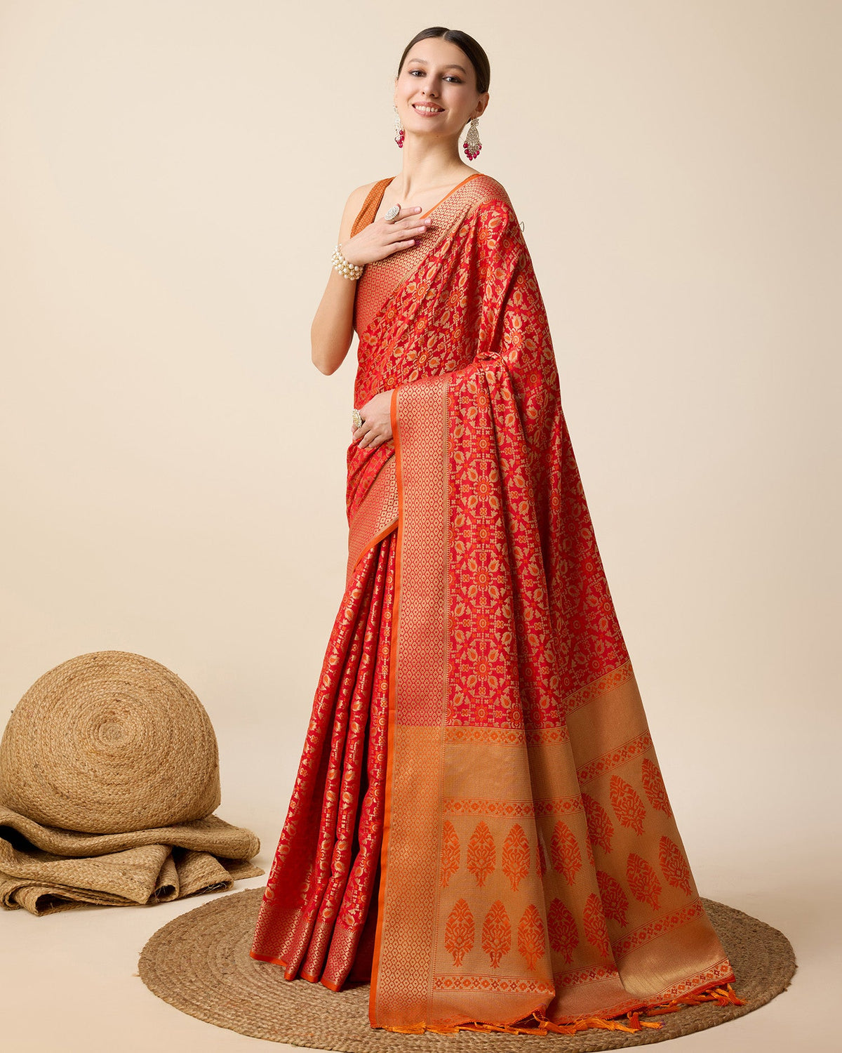 Vedant Vastram Soft Litchi Silk Kanjeevaram Silk Saree - Orange | Grocsy