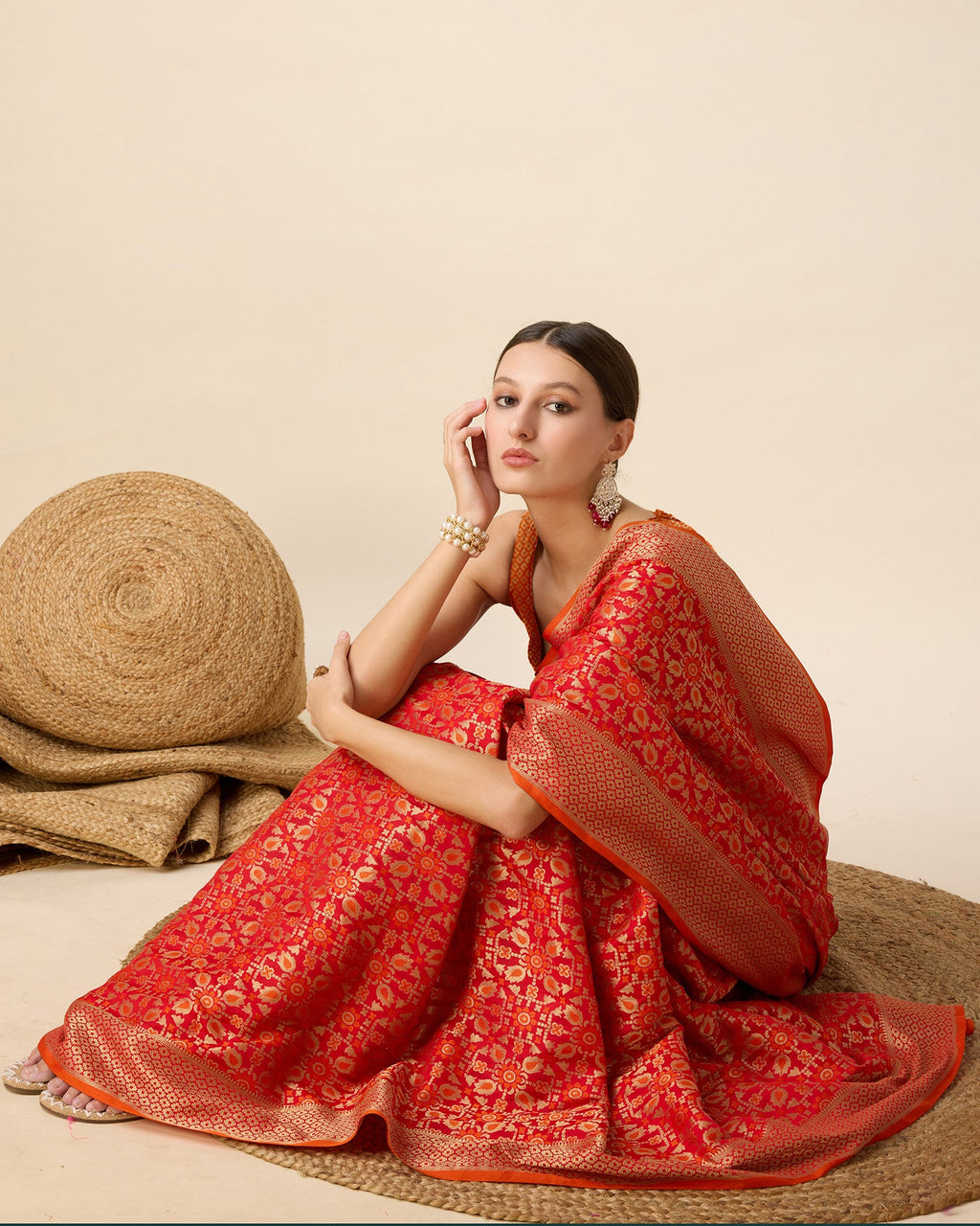 Vedant Vastram Soft Litchi Silk Kanjeevaram Silk Saree - Orange | Grocsy