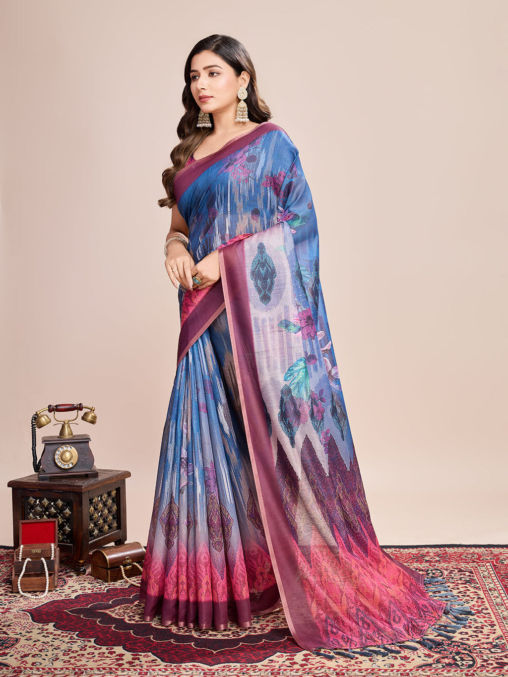 Vedant Vastram Linen Printed Bollywood Saree - Blue | Grocsy