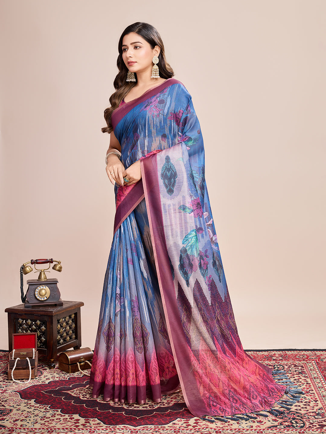 Vedant Vastram Linen Printed Bollywood Saree - Blue | Grocsy