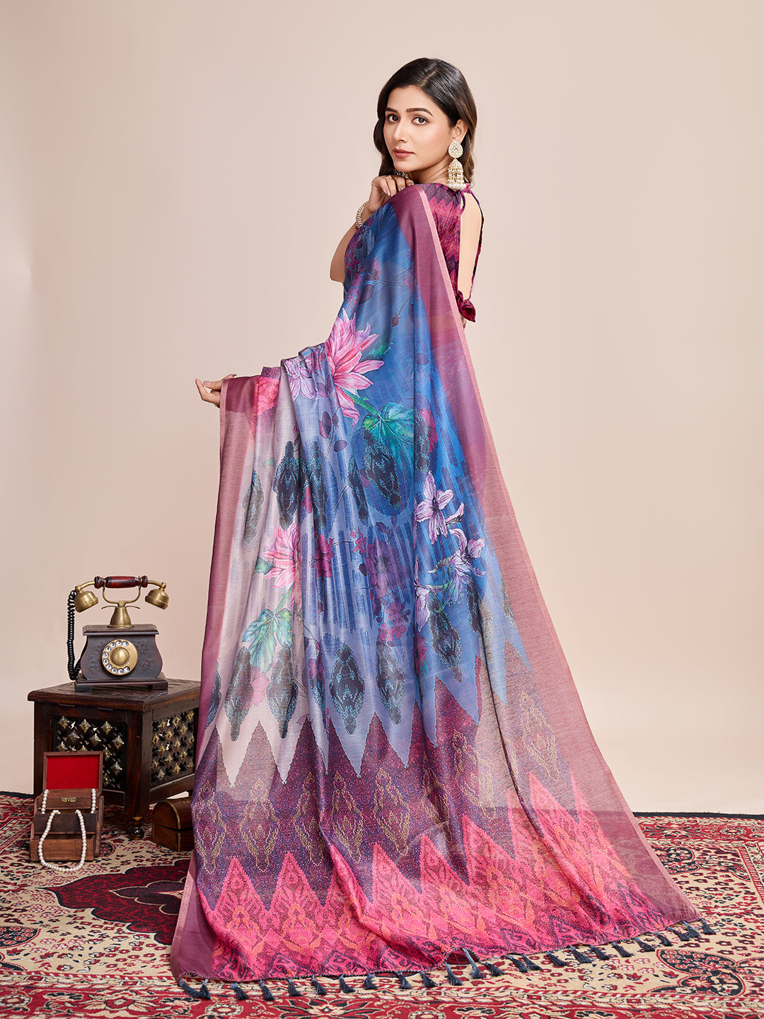 Vedant Vastram Linen Printed Bollywood Saree - Blue | Grocsy