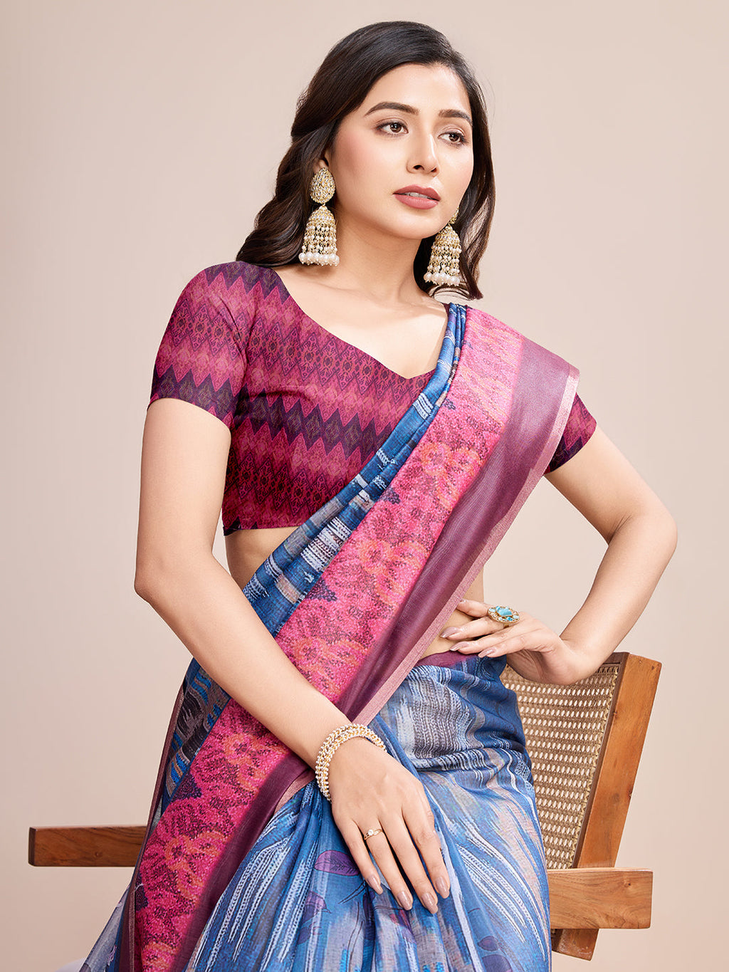 Vedant Vastram Linen Printed Bollywood Saree - Blue | Grocsy