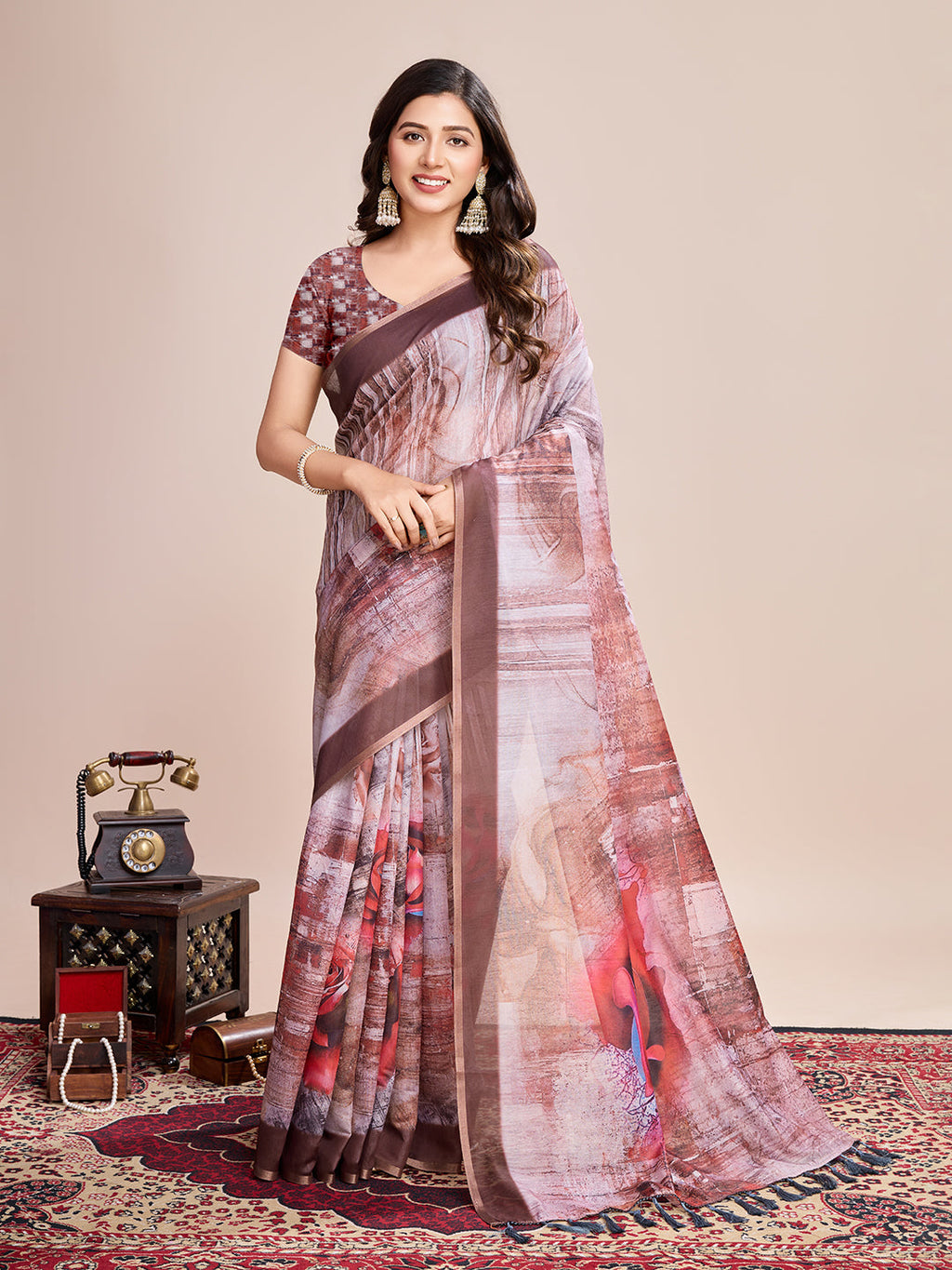 Vedant Vastram Linen Printed Bollywood Saree - Brown | Grocsy