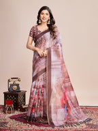 Vedant Vastram Linen Printed Bollywood Saree - Brown | Grocsy