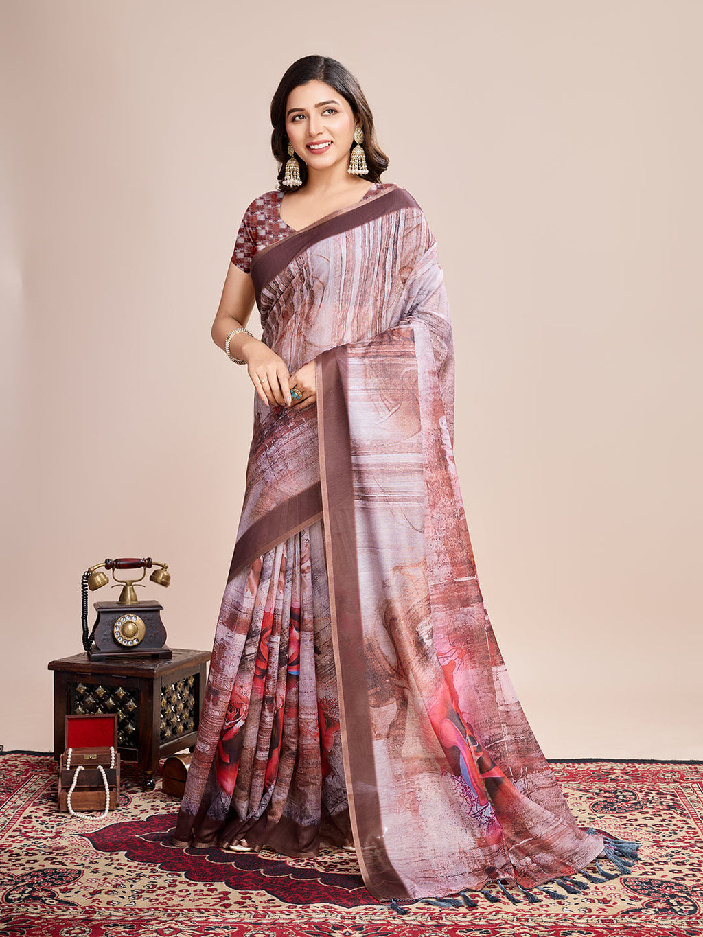 Vedant Vastram Linen Printed Bollywood Saree - Brown | Grocsy