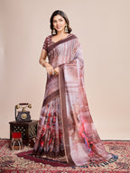 Vedant Vastram Linen Printed Bollywood Saree - Brown | Grocsy