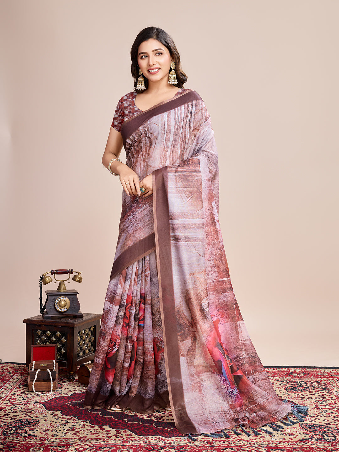 Vedant Vastram Linen Printed Bollywood Saree - Brown | Grocsy