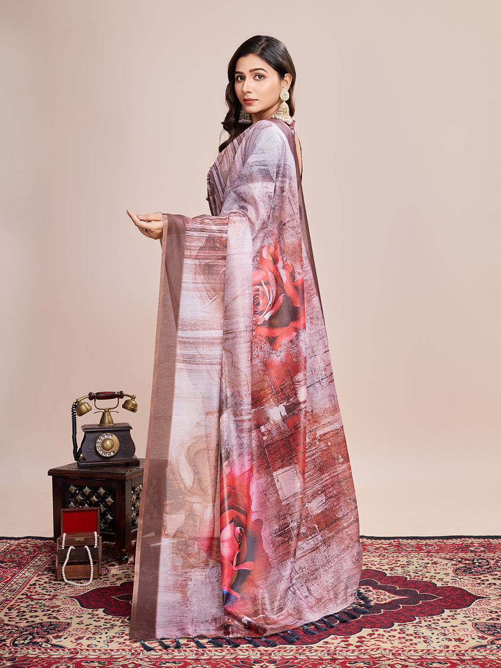 Vedant Vastram Linen Printed Bollywood Saree - Brown | Grocsy
