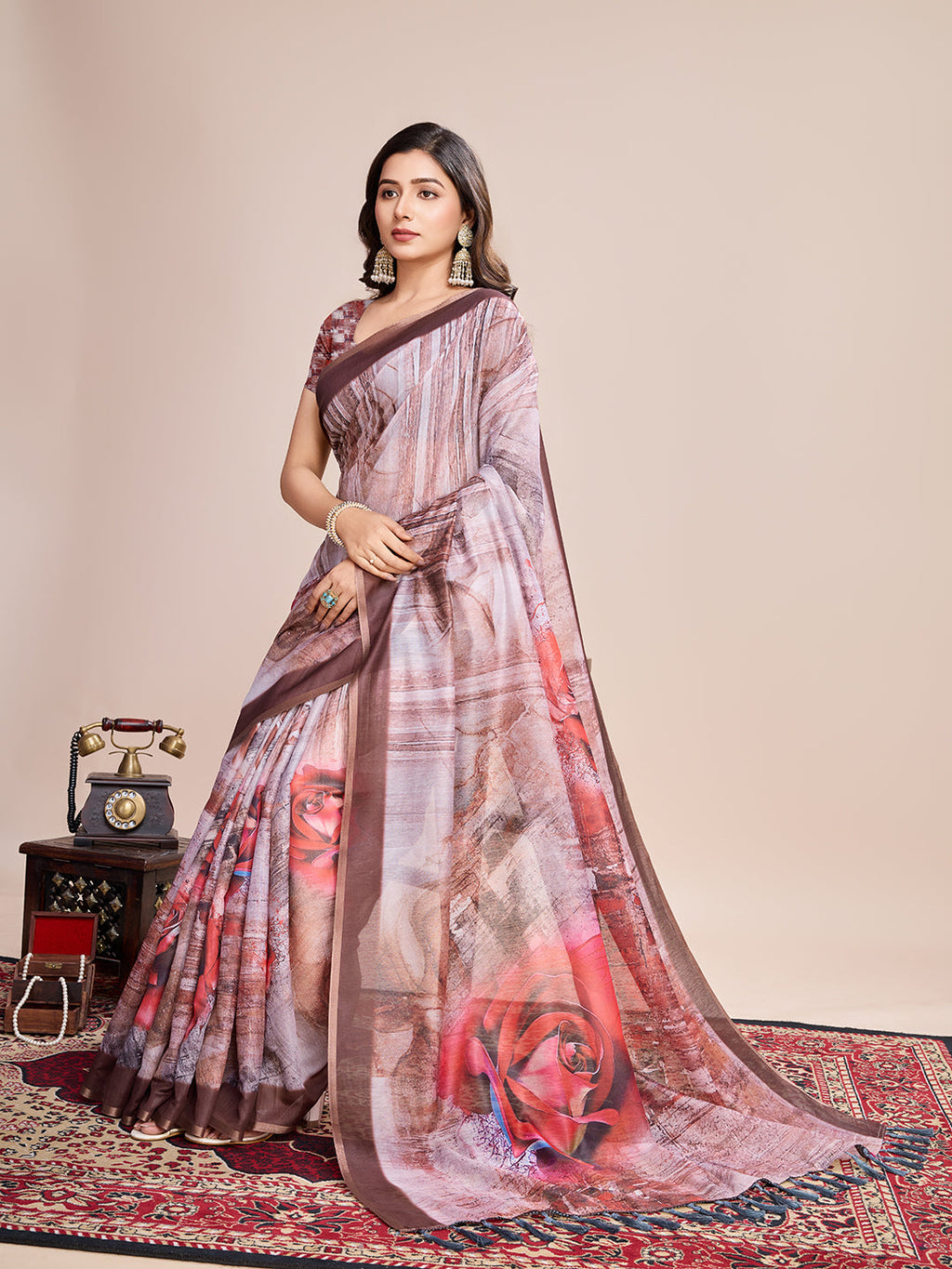 Vedant Vastram Linen Printed Bollywood Saree - Brown | Grocsy