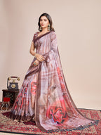 Vedant Vastram Linen Printed Bollywood Saree - Brown | Grocsy